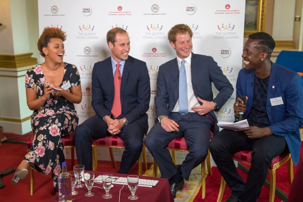 Gemma Kearney, Prince William, Duke of Cambridge, Prince Harry and Jamal Edwards during the launch of the Queen's Young Leaders Program at Buckingham Palace on July 9, 2014 in London, England. 