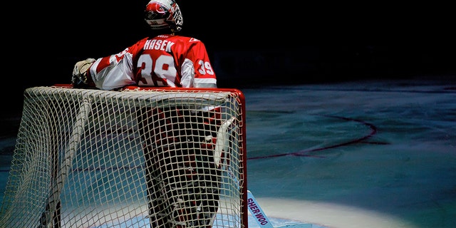 Dominik Hasek #58 of Team Yashin stands on the ice waiting for penalty kicks during a main show before the KHL All Star Game on February 5, 2011 at the Ice Palace in Saint Petersburg, Russia. 