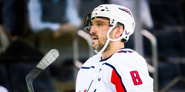 Alex Ovechkin (8) is photographed in the Washington Capitals Left Wing during the National Hockey League game between the Washington Capitals and New York Rangers on February 24, 2022 at Madison Square Garden in New York, New York. 