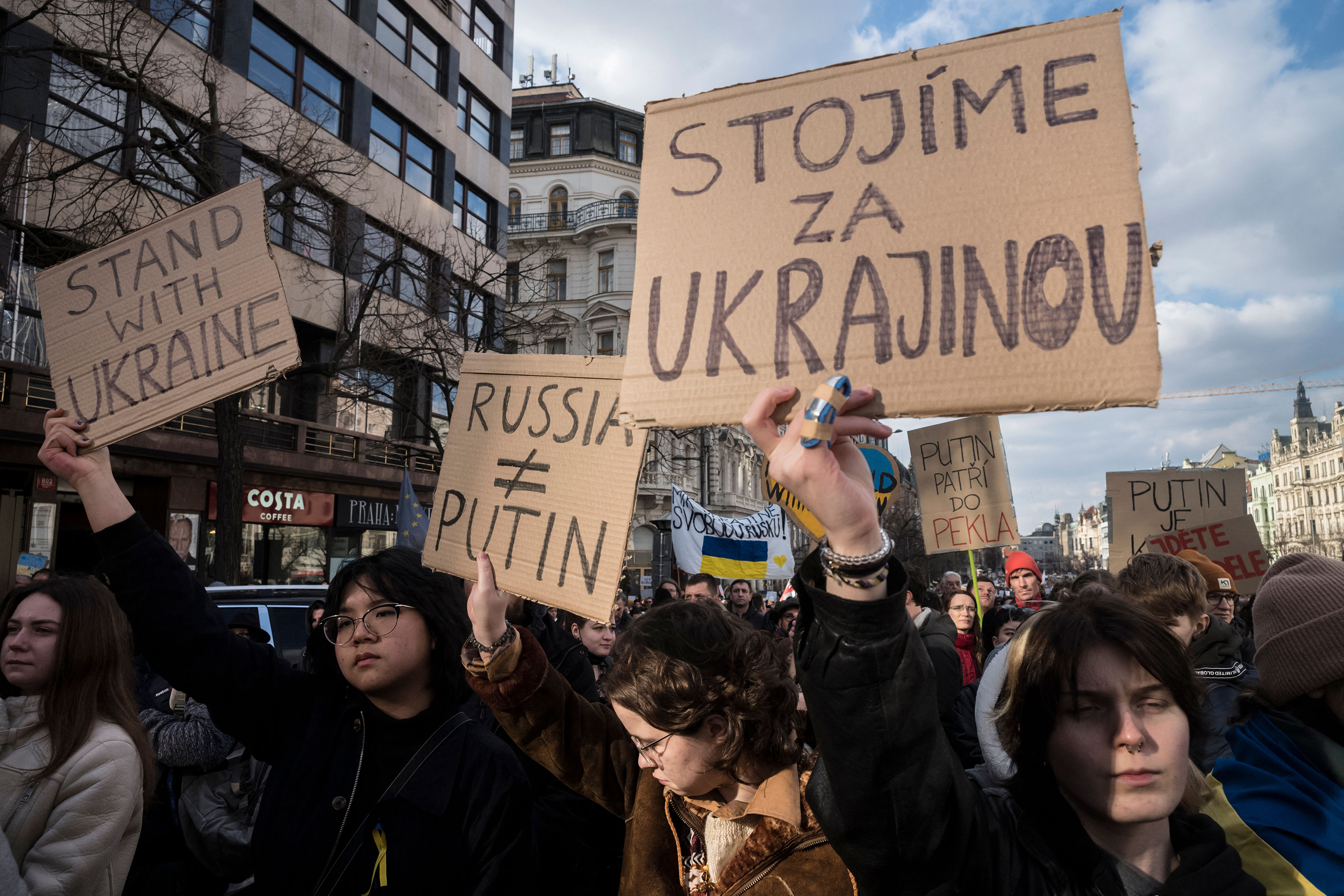 Demonstrators take part in a demonstration against the Russian invasion of Ukraine, on February 27 in Prague, Czech Republic. 