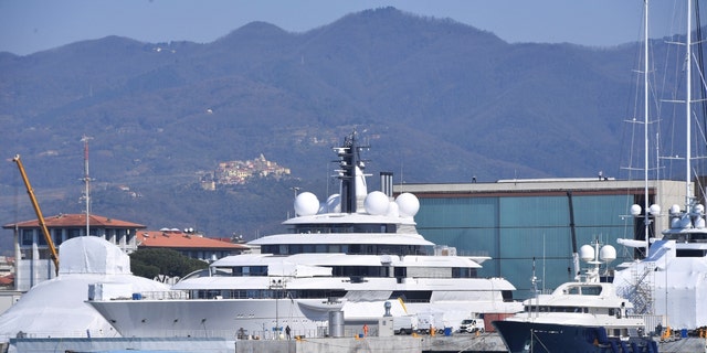 Scheherazade, one of the world's largest and most expensive yachts, allegedly linked to Russian billionaires, is docked in the port of the small Italian town of Marina di Carrara on March 23, 2022.