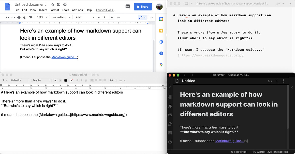 Screenshot showing how Google Docs, IA Writer, TextEdit.app and Obsidian handle Markdown text display.