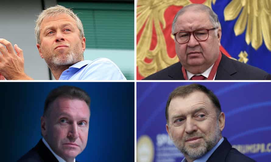 Clockwise, from left: businessmen Roman Abramovich, Alisher Usmanov, Oleg Deripaska and Igor Shuvalov all appear on Russia's Asset Tracker.
