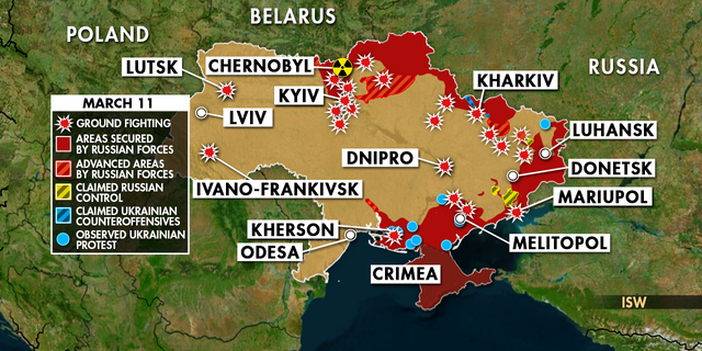 The map shows the Russian invasion of Ukraine as of March 11, 2022. 