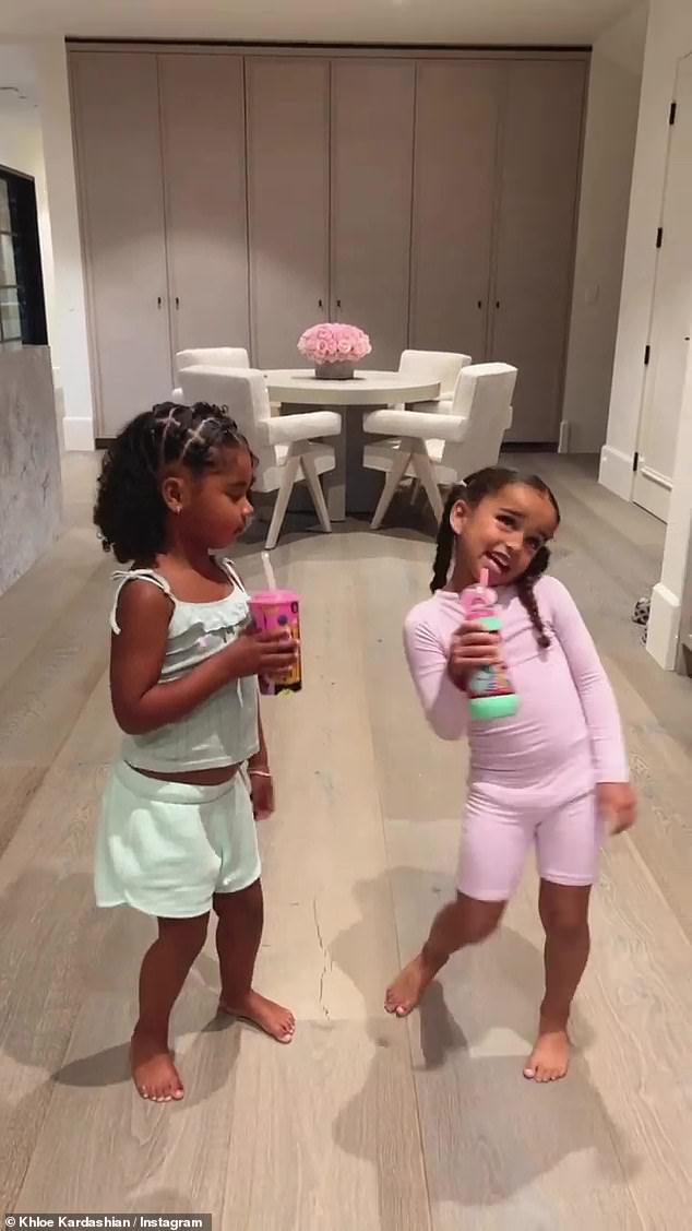 Cousins: In the footage posted to Instagram by the 3-year-old reality star, her young daughter, four, can be seen circling next to her uncle Rob and ex-child Blac Chyna, five.