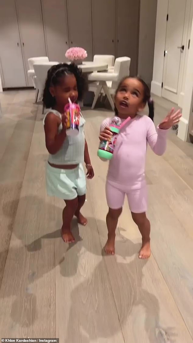 BEST FRIENDS: The girls sang wonderfully with Barbie Girl's 1997 song Aqua's, using their pink and green mugs as microphones as they made a move in the dining room