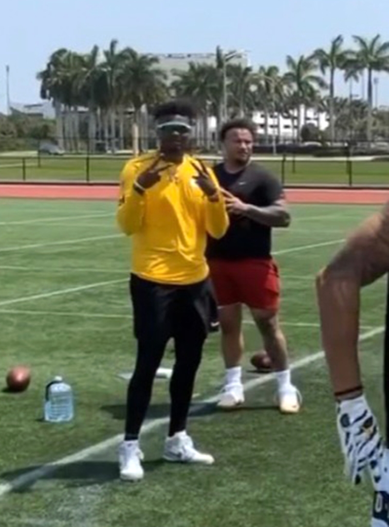 NFL Steelers QB Dwayne Haskins (in yellow) is photographed in these Instagram videos taken by teammate Nagy Harris practicing in Florida yesterday on April 8, 2022. Posted on Survivor's Insta Story.