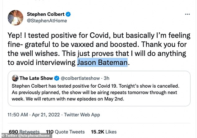Maintain a sense of humor: The 57-year-old comedian confirmed the news via Twitter and joked about not having to meet Ozark star Jason Bateman, who will be tonight's guest.