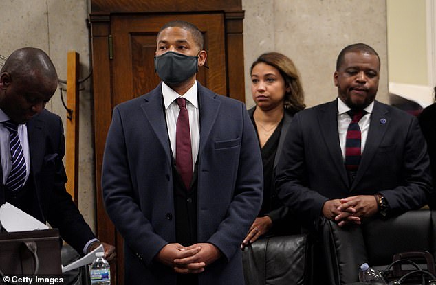 Musician: Jussie Smollett, 39, dropped a new song three weeks after he was released from the Cook County Jail in Chicago, Illinois, after he was convicted of a hate crime charge.  Pictured March 10 at the sentencing hearing