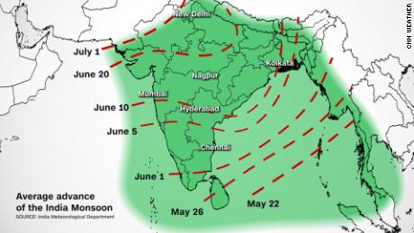 This graphic shows when the monsoon season usually begins across India.