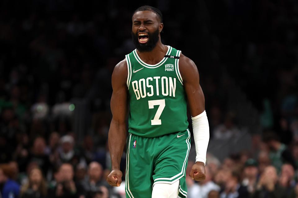 Boston Celtics star Jaylen Brown celebrates after scoring against the Milwaukee Bucks during the second quarter of Game 2 of the Eastern Conference semifinals at TD Garden.  (Maddy Meyer/Getty Images)