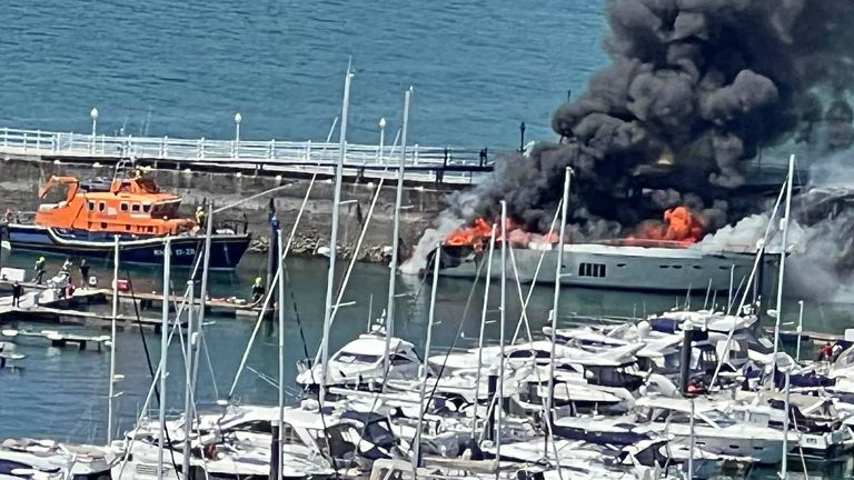 Firefighters struggled to put out the flames that engulfed the 85-foot-high ship.  Pic: Tanya Kotham