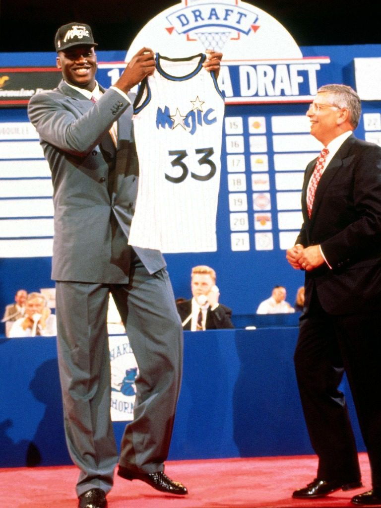 Shaquille O'Neal after being named #1 in the 1992 NBA Draft.