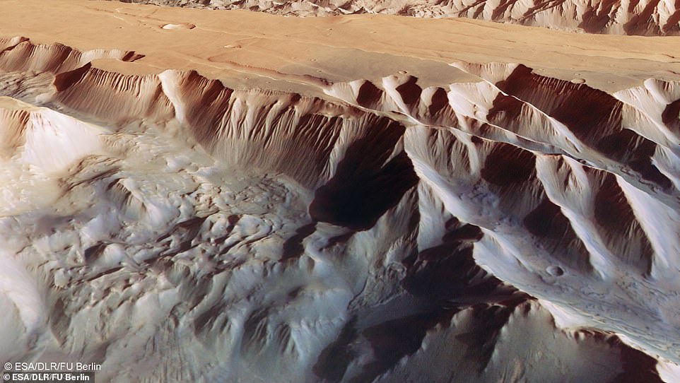 This skewed perspective view of Tithonium Chasma (pictured above), which forms part of the Valles Marineris valley structure of Mars, was created from the digital terrain model, analog and color channels of the high-resolution stereo camera on the European Space Agency's Mars Express.