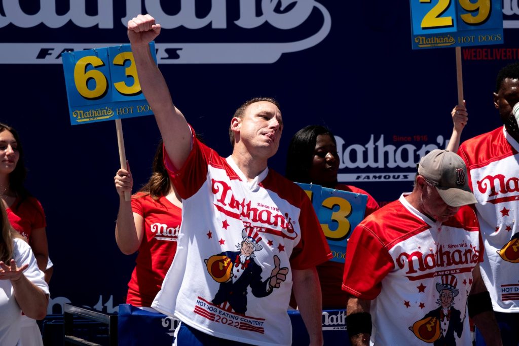 Joey Chestnut won the Nathan Sausage Eating Contest