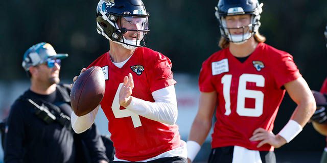 Jacksonville Jaguars quarterback Kyle Slaughter throws a pass during training camp July 28, 2022, at Jacksonville Episcopal School in Jacksonville, Florida.