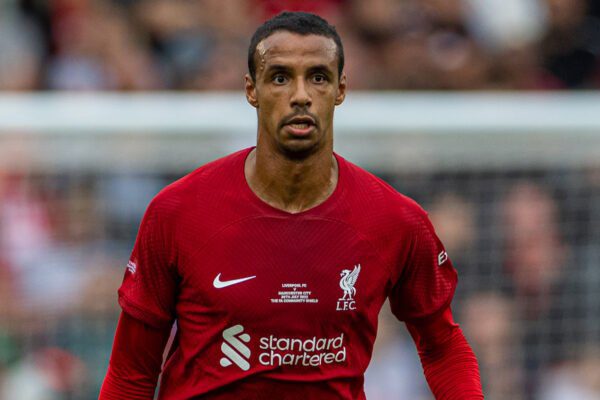 Leicester, England - Saturday, July 30, 2022: Liverpool's Joel Matip during the FA Shield friendly match between Liverpool FC and Manchester City at King Power Stadium.  Liverpool won 3-1.  (Pic David Rawcliffe/Propaganda)