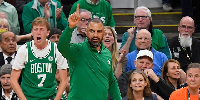 Head coach Amy Odoka celebrates during Game Six of the 2022 NBA Finals on June 16, 2022 at TD Garden in Boston, Massachusetts.