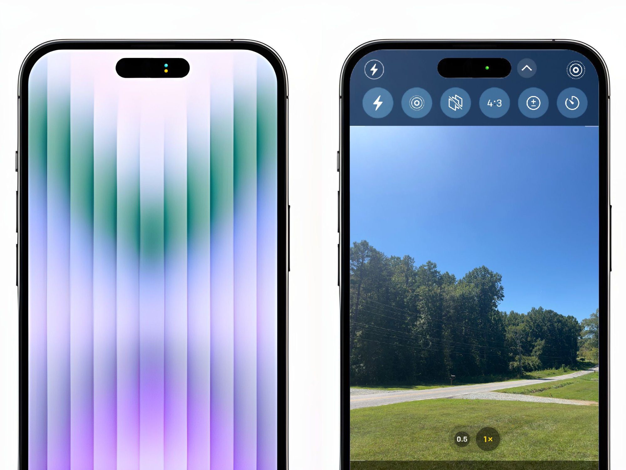 Two iPhone 14 Pro models showing how the new pill shape works with the software