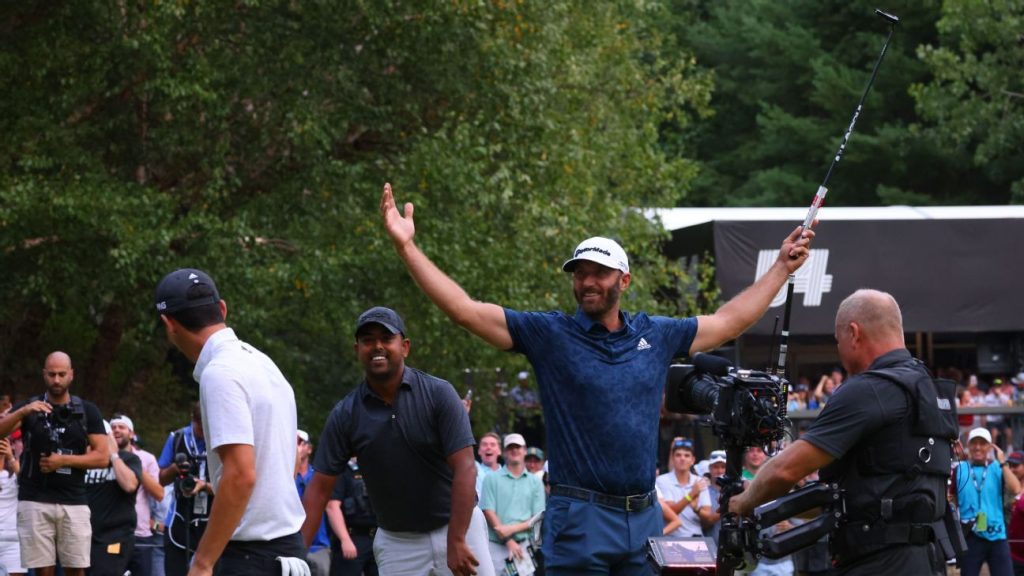 Dustin Johnson makes an eagle shot in a playoff to win the LIV Boston event, his first win in 19 months