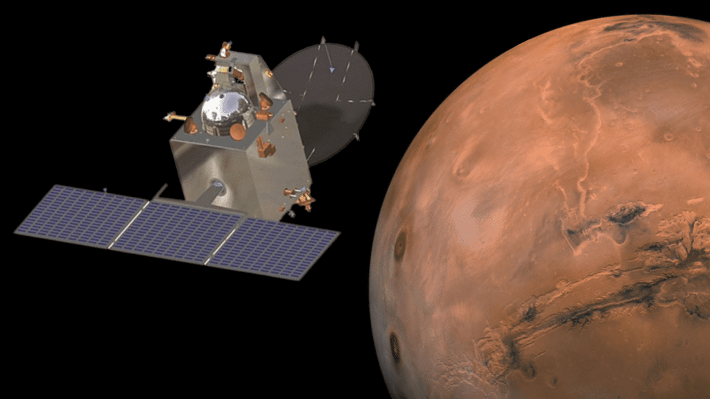 An illustration of the Mars Orbiter Mission in orbit around Mars.