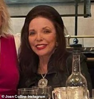 New job: Mrs. Joan Collins looks unrecognizable in her new sleek and straight hair while out for a fancy dinner with friends on Saturday night