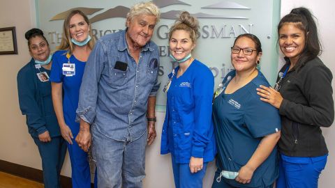 Jay Leno with Grossman Burn Center staff on Monday.