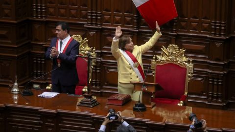 Dina Boulwart of Peru is sworn in as President in Lima on December 7, 2022.