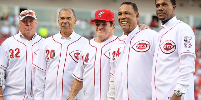 Tom Browning, Cesar Geronimo, Pete Rose, Tony Perez and Eric Davis attend the celebration of the 25th anniversary of Rose breaking the record with 4,192 on September 11, 2010, at Great American Ball Park in Cincinnati, Ohio. 